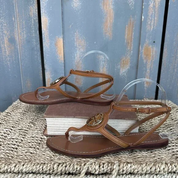 Tory Burch Leticia Ankle Strap Logo Thong Sandal Tan Sz 7.5 - Picture 6 of 15